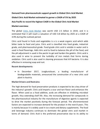 Demand from pharmaceuticals support growth in Global Citric Acid Market