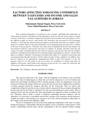 Factors Affecting Enhancing Confidence Between Taxpayers and Income and Sales Tax Auditors in Jordan