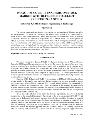 Impact of Covid-19 Pandemic on Stock Market with Reference to Select Countries-A Study