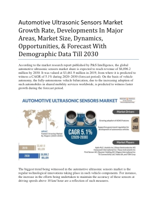 Automotive Ultrasonic Sensors Market to Exhibit Substantial Growth in Future