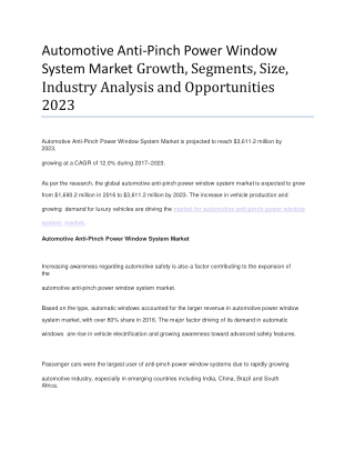 Automotive Anti-Pinch Power Window System Market to Exhibit Substantial Growth in Future