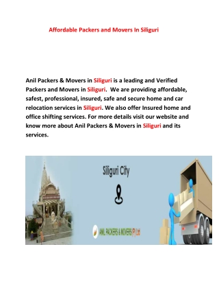 Affordable Packers and Movers In Siliguri