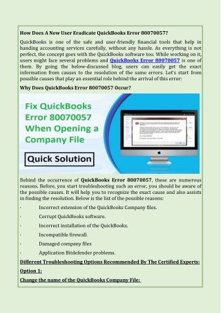 How Does A New User Eradicate QuickBooks Error 80070057?  