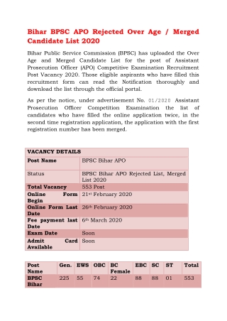 Bihar BPSC APO Rejected Over Age / Merged Candidate List 2020