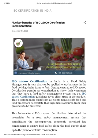 Five key benefits of ISO 22000 Certification (FSMS) implementation?