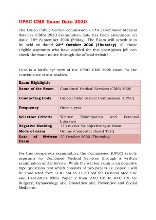 UPSC CMS Exam Date 2020