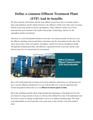 Define a common Effluent Ereatment Plant (ETP) And its benefits