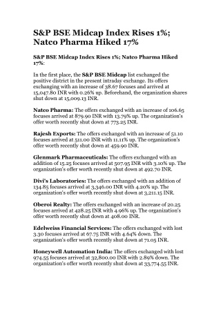 S&P BSE Midcap Index Rises 1%; Natco Pharma Hiked 17%