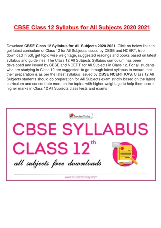 CBSE Syllabus for Class 12 for Academic Year 2020-2021 | Download PDF