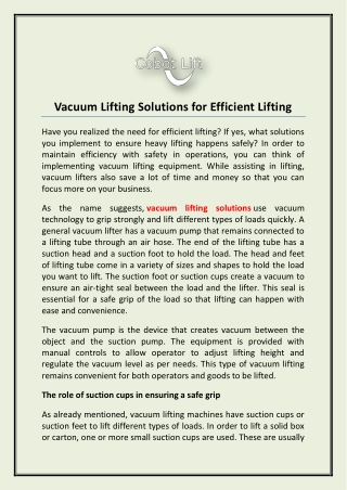 Vacuum Lifting Solutions for Efficient Lifting