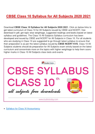 CBSE Syllabus for Class 10 for Academic Year 2020-2021 | Download PDF