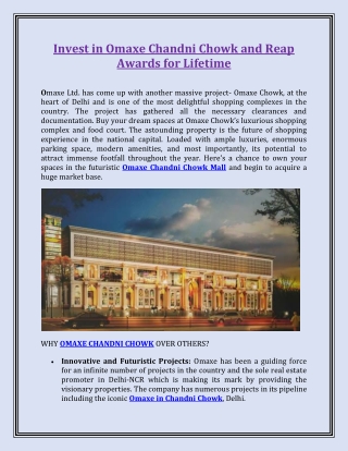 Invest in Omaxe Chandni Chowk and Reap Awards for Lifetime