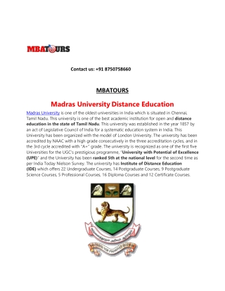 Madras University Distance MBA Admission 2020 | Courses, Fees |