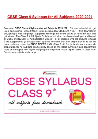 CBSE Syllabus for Class 9 for Academic Year 2020-2021 | Download PDF