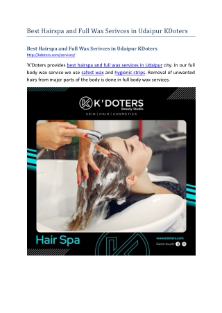 Best Hairspa and Full Wax Serivces in Udaipur KDoters