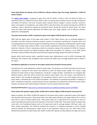 Power Bank Market by Capacity, Units of USB Port, Indicator, Battery Type, Price Range, Application  | COVID-19 Impact A
