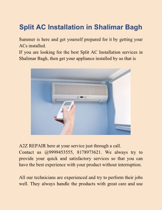 Split AC Installation services in Shalimar Bagh