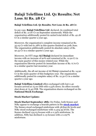 Balaji Telefilms Ltd. Q1 Results; Net Loss At Rs. 28 Cr