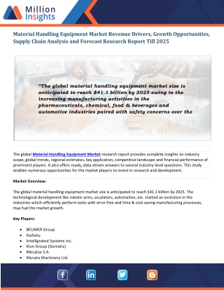 Material Handling Equipment Market Key Manufacturers and Development Analysis Report, 2025