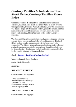Century Textiles & Industries Live Stock Price, Century Textiles Share Price