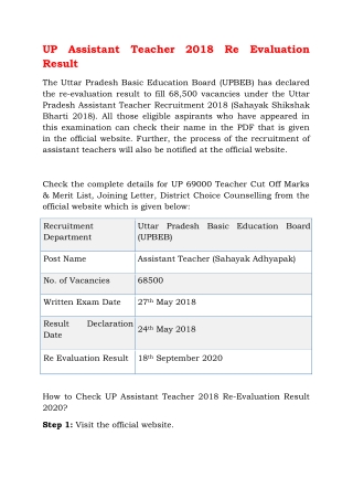 UP Assistant Teacher 2018 Re Evaluation Result