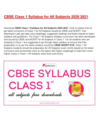 CBSE Syllabus for Class 1 for Academic Year 2020-2021 | Download PDF