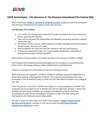 GAVS Technologies - Title Sponors of  The Silvereye International Film Festival 2020