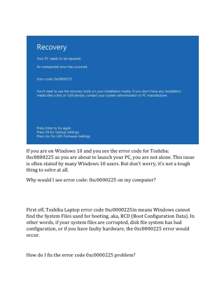 Toshiba Error Code 0xc0000225 In Windows 10