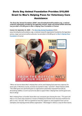 Doris Day Animal Foundation Provides $10,000 Grant to Max’s Helping Paws for Veterinary Care Assistance