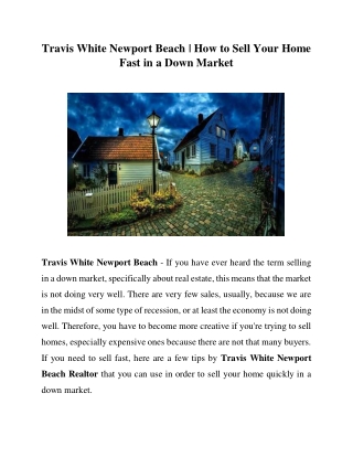 Travis White Newport Beach - Quick tips to Selling Your House Fast in a Down Market