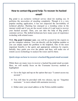 How to contact Big pond help: To recover its hacked email!