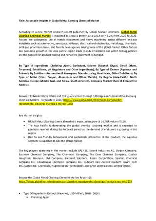 Metal Cleaning Chemicals Market Size, Trends & Analysis - Forecasts to 2026