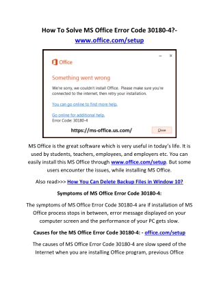 How To Solve MS Office Error Code 30180-4?- www.office.com/setup