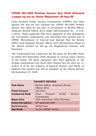 UPPSC RO/ARO Prelims Answer Key 2020 Released @uppsc.up.nic.in, Raise Objections till Sep 28