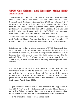 UPSC Geo Science and Geologist Mains 2020 Admit Card
