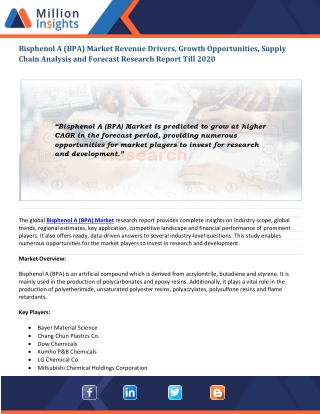 Bisphenol A (BPA) Market Analysis by Product Type, Application, Key Players and Regions, 2020