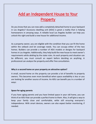 Add an Independent House to Your Property