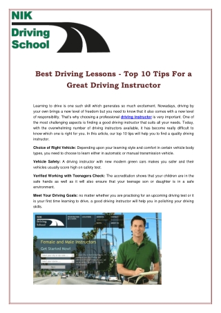 Best Driving Lessons - Top 10 Tips For a Great Driving Instructor