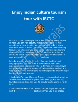 Enjoy Indian culture tourism tour with IRCTC