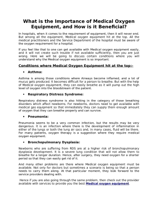 What is the Importance of Medical Oxygen Equipment, and How is it Beneficial?