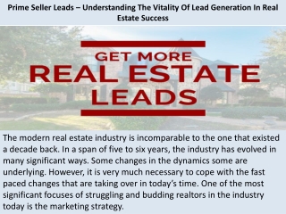 Prime Seller Leads – Understanding The Vitality Of Lead Generation In Real Estate Success