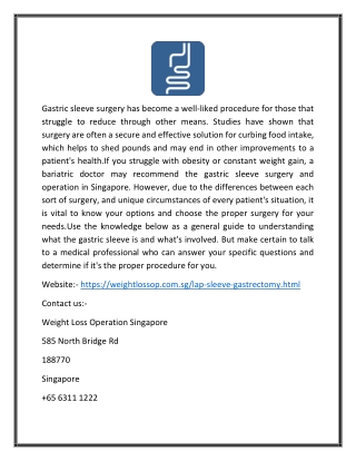 Gastrectomy sleeve surgery in Singapore | Weightlossop.com.sg