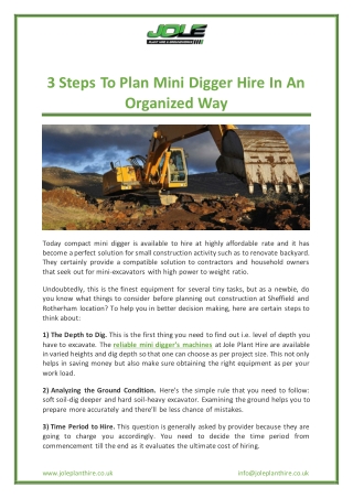 3 Steps To Plan Mini Digger Hire In An Organized Way