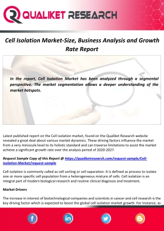 Cell Isolation Market Size with COVID-19 impact | Global Analysis and Forecast by 2027