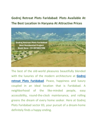 Godrej Retreat Plots Faridabad: Plots Available At The Best Location In Haryana At Attractive Prices