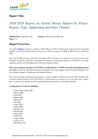 Mortar Market by Player, Region, Type, Application and Sales Channel 2020