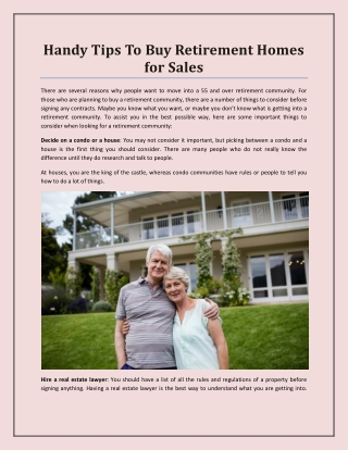 Handy Tips To Buy Retirement Homes for Sales