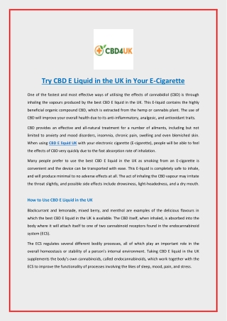 Try CBD E Liquid in the UK in Your E-Cigarette