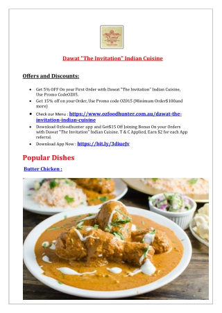 5% Off - Dawat "The Invitation" Indian Cuisine menu Takeaway Bellerive, TAS