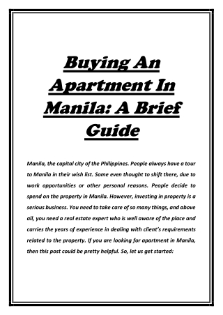 Buying An Apartment In Manila: A Brief Guide